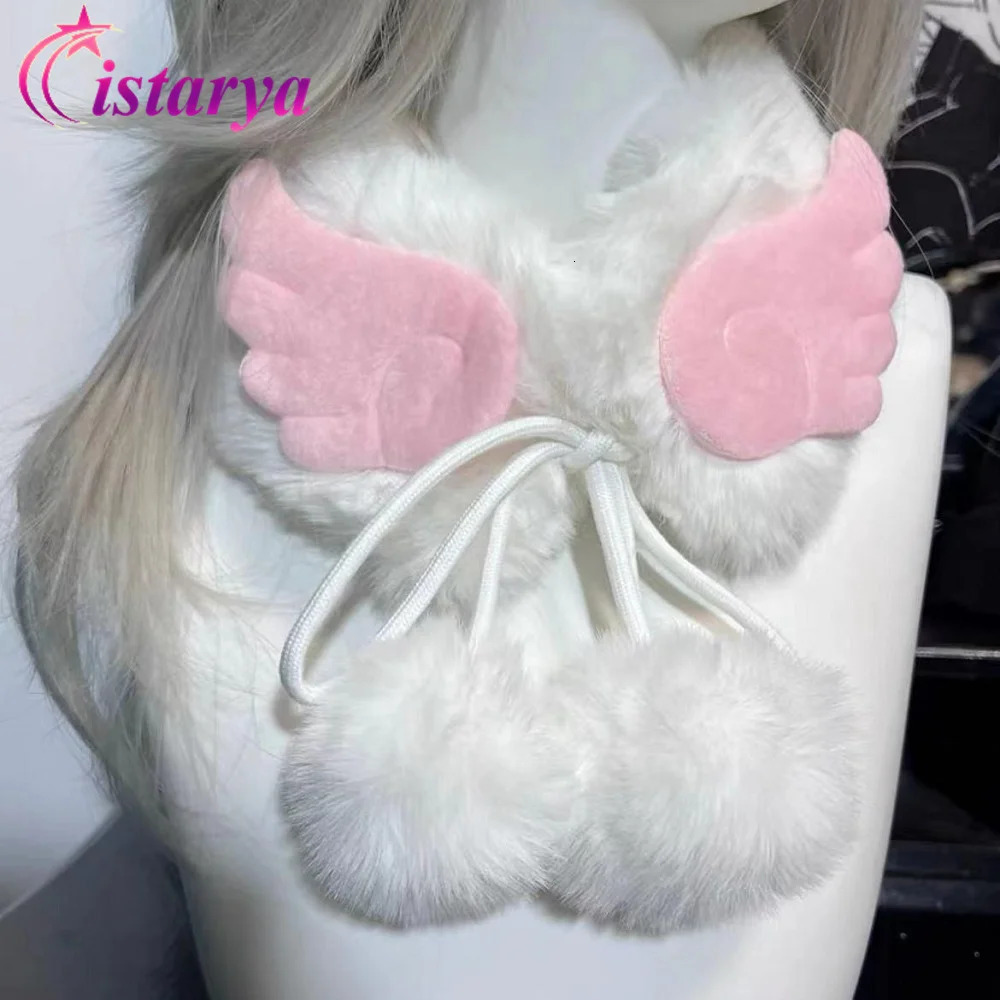 Harajuku Angel Wings Plush Faux Fur Scarf Women Winter Warm LaceUp Fleece Ball Neck Wrap Kawaii Chic Streetwear Y2K Scarves 250928
