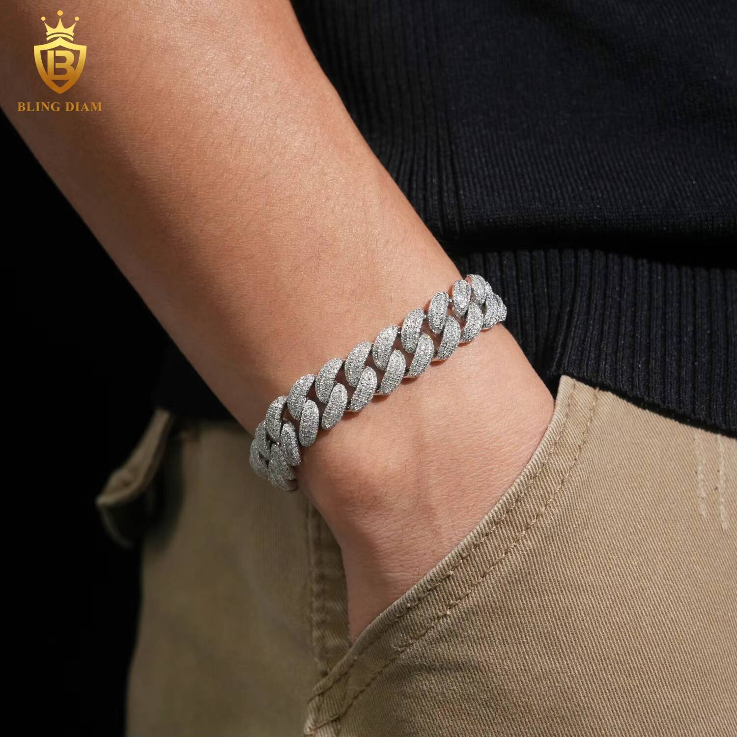 Rapper HipHop Style 925 Silver Chain 13mm Cuban Chain Bracelet Men Bracelet Pass Diamond Tester VVS Iced Out Moissanite with GRA