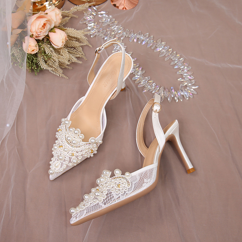 Free shipping sandals, white wedding shoes, women's lace fashion high heels, pearl slim high heels, designer women's shoes