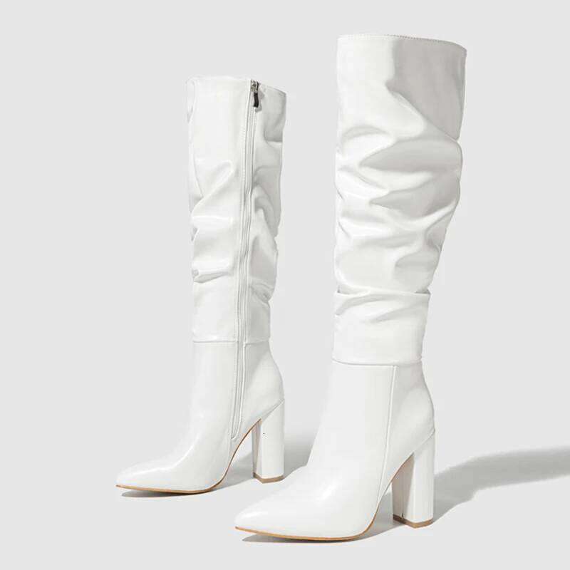 Liyke Winter Street Fashion Pleated Leather Pink Knee High Boots Women Sexy Long Zip Pointed Toe Square Heels Stripper Shoes