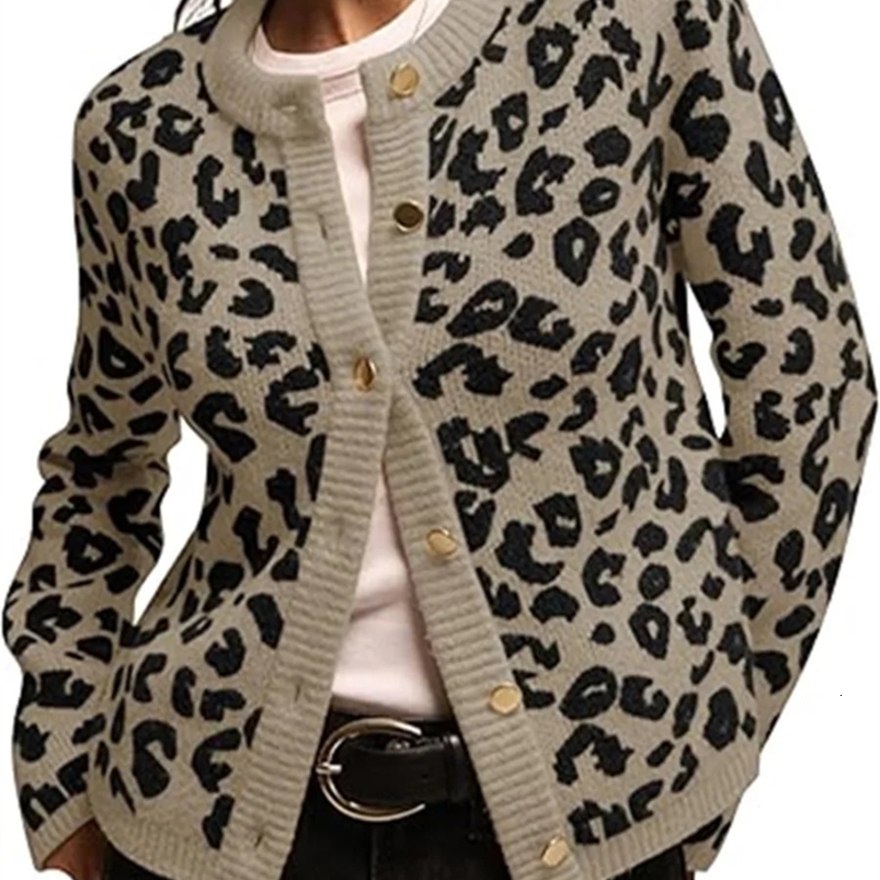 Fashion Knitted Leopard Print Cardigan Womens Loose Casual Printed Long Sleeve ONeck Top Retro Y2k Sweater Female 250107Z