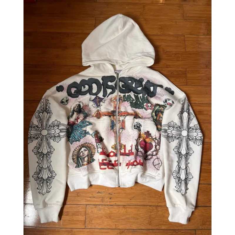 Y2K geometric pattern letter print street hiphop zipper hoodie for men 2024 popular versatile autumn and winter warm sweatshirt L250928