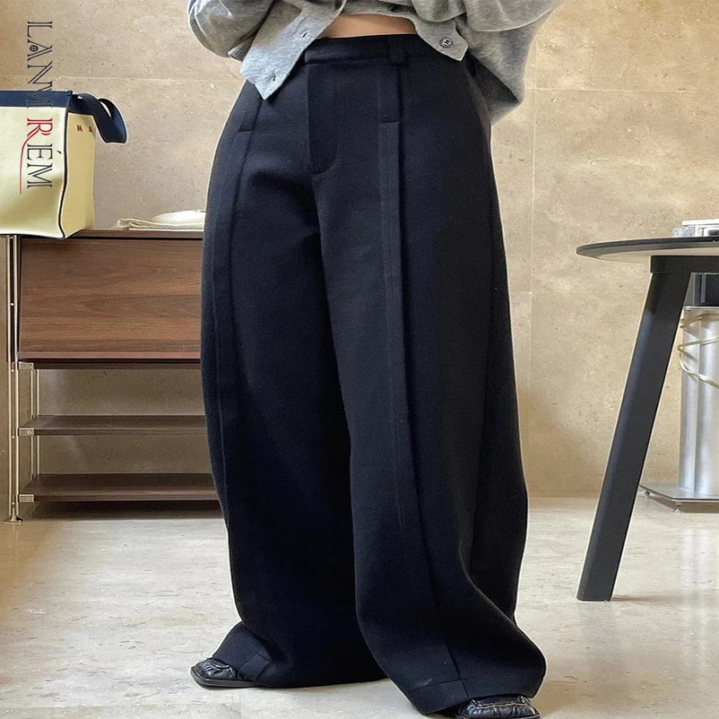 LANMREM Winter Black Pants Women Spliced High Waist Pleated Wide Leg Trousers Minimalism Female Clothing 26D6954 250106