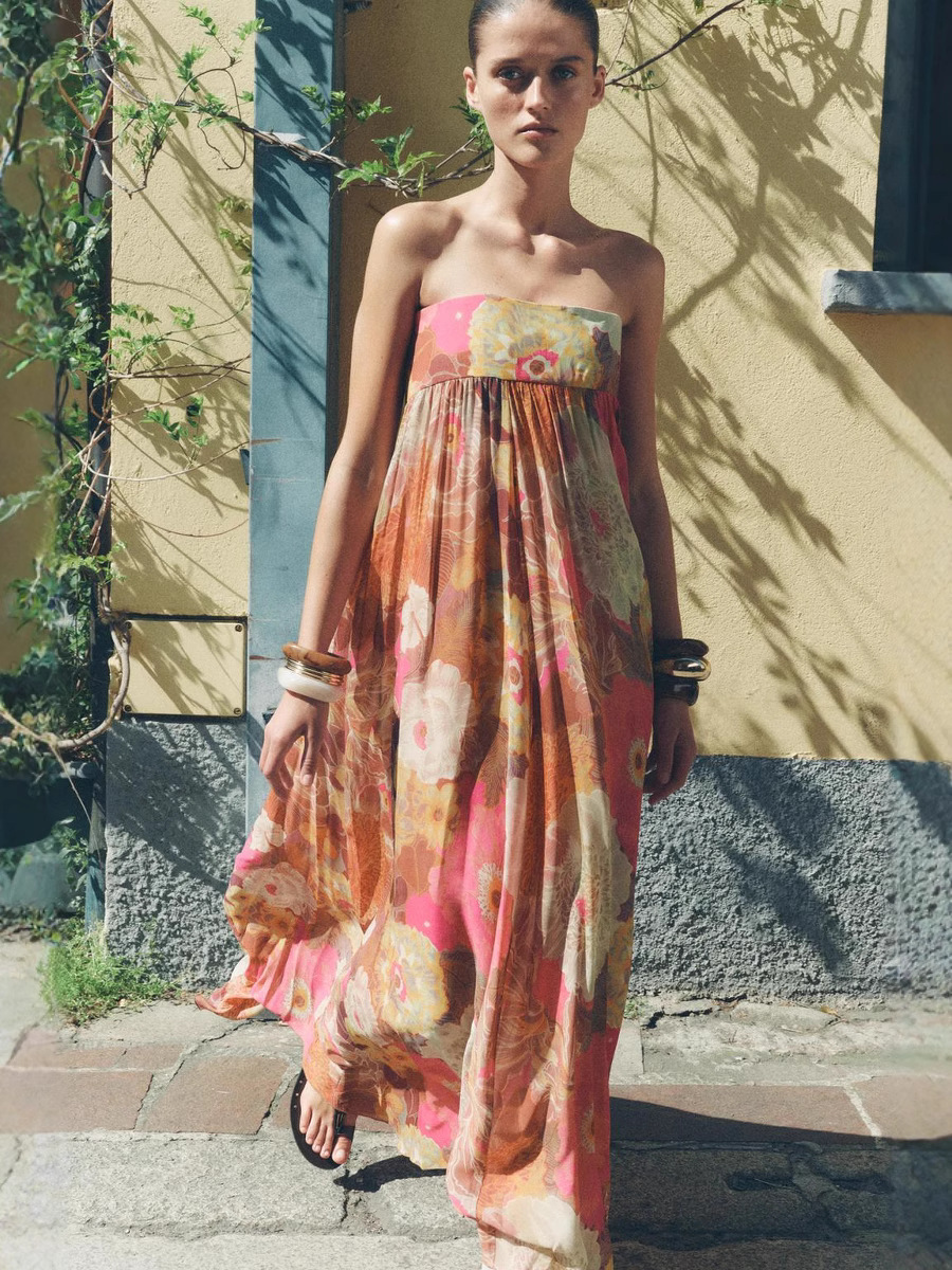 L928Summer new print dress tube top holiday style sexy French