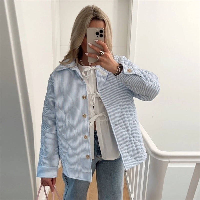 Combhasaki Womens Y2K Inflatable Jacket Striped Collar Button Autumn/Winter Long Sleeve Padded Down Jacket 240924