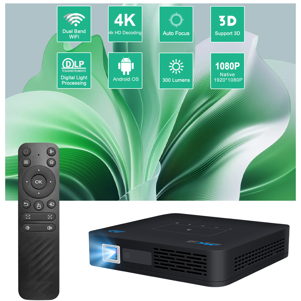 4K 3D Smart Projector Dual Band WiFi 2.4G/5G Bluetooth 5.4 1080P DLP Auto Focus Keystone Correction Home Theater Projector Android OS 300 Inch Screen 