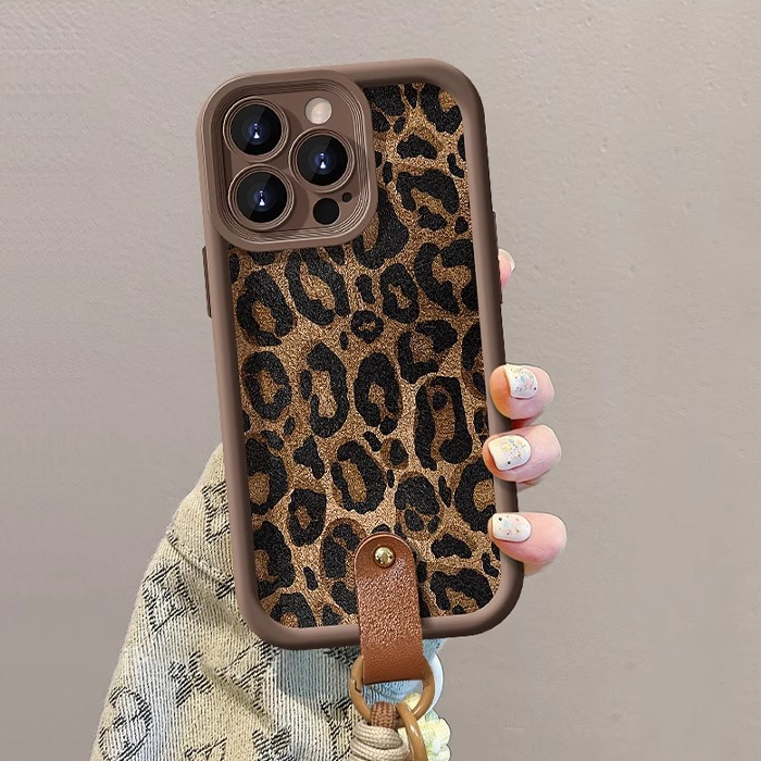 Leopard Print Lanyard Compatible with Apple 17 Phone Case 16PROMAX Lambskin 15 Matte Silicone Premium Shockproof