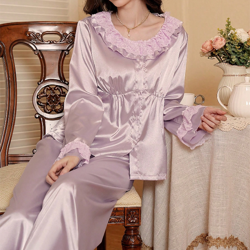 New Women's Spring/Fall Silk Satin Lace Trim Long-Sleeve Pajama Set with Pants