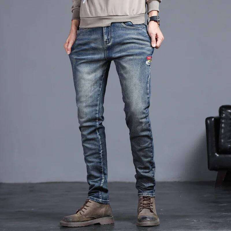 Men's Vintage Jeans Korean Fashion Slim Little Feet Embroidered Trousers Stretch Male Streetwear Denim Pants