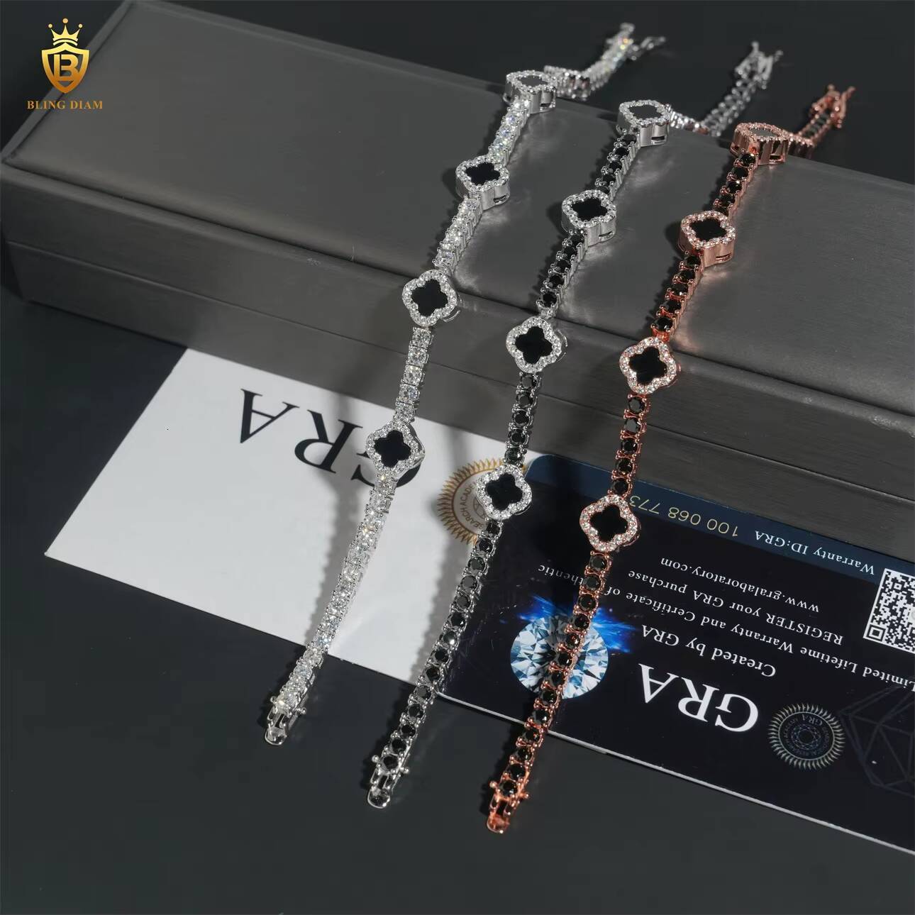 Sterling Silver 925 D Color VVS Miossanite Diamond GRA Certificated Hip Hop Fine Jewelry FourLeaf Clover Tennis Chain Bracelet