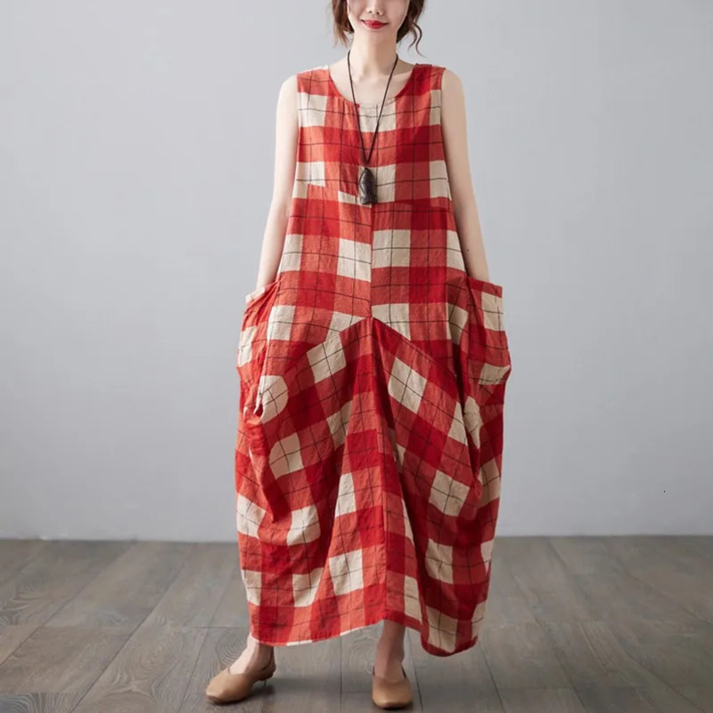 Women Casual Long Dress Arrival Summer Vintage Style Oneck Plaid Pattern Loose Female Aline Cotton Dresses B3733 240628