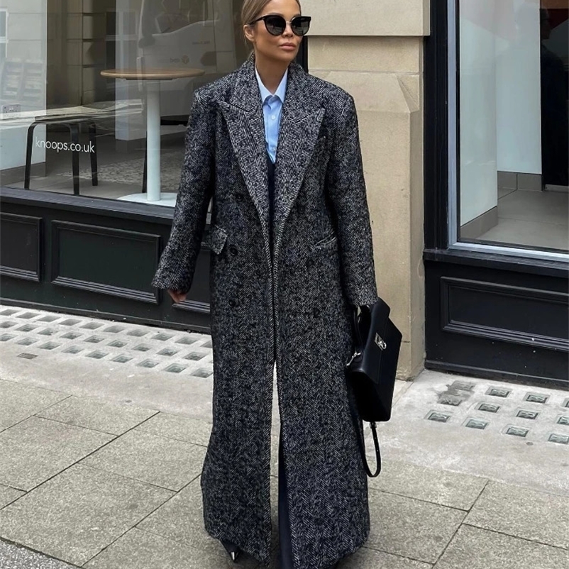 RR2786 Black White Striped Double-breasted Trench Coats Women Wool Blend X-Long Jackets For Women High Cut Up Back Winter Jacket 240909