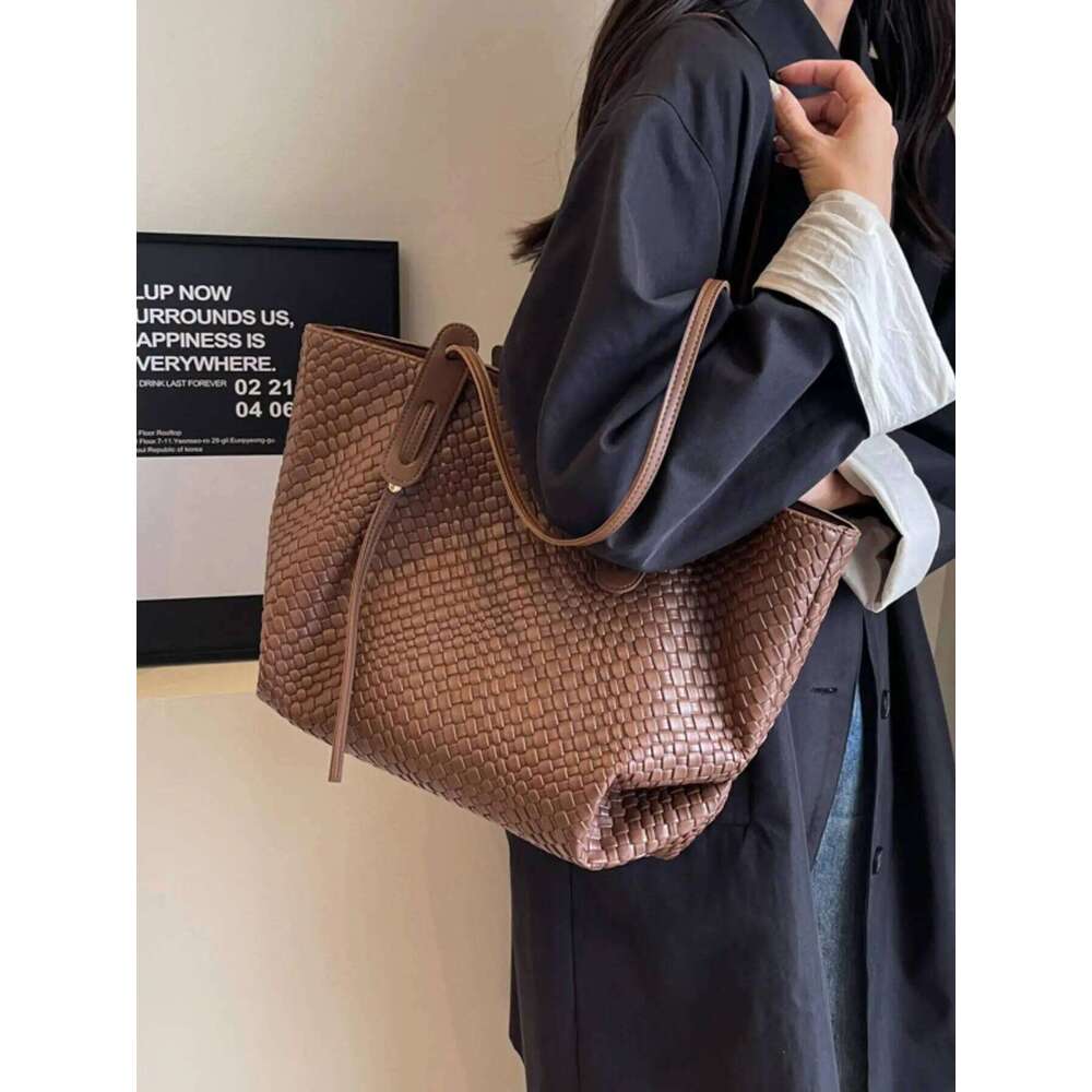 Retro Fashion Classic Solid Color Pu Woven Rhombic Lattice Design Double Handle Single Shoulder Large Capacity Tote Bag