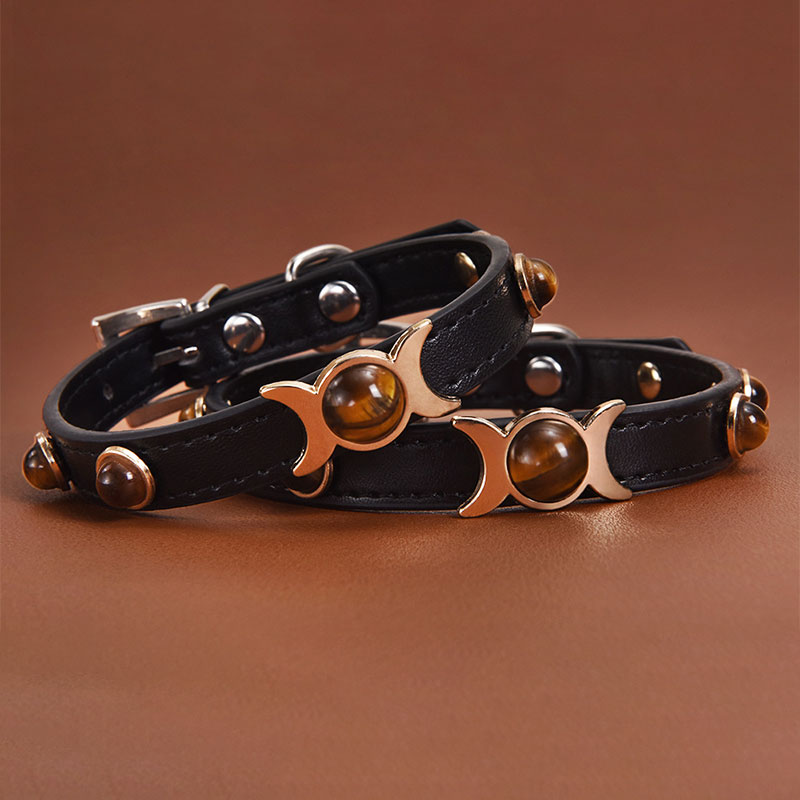 Designer Tiger Eye Stone Dog Collar - Alloy Material - Wear-resistant - Adjustable Buckle - PU Leather Cat Collar