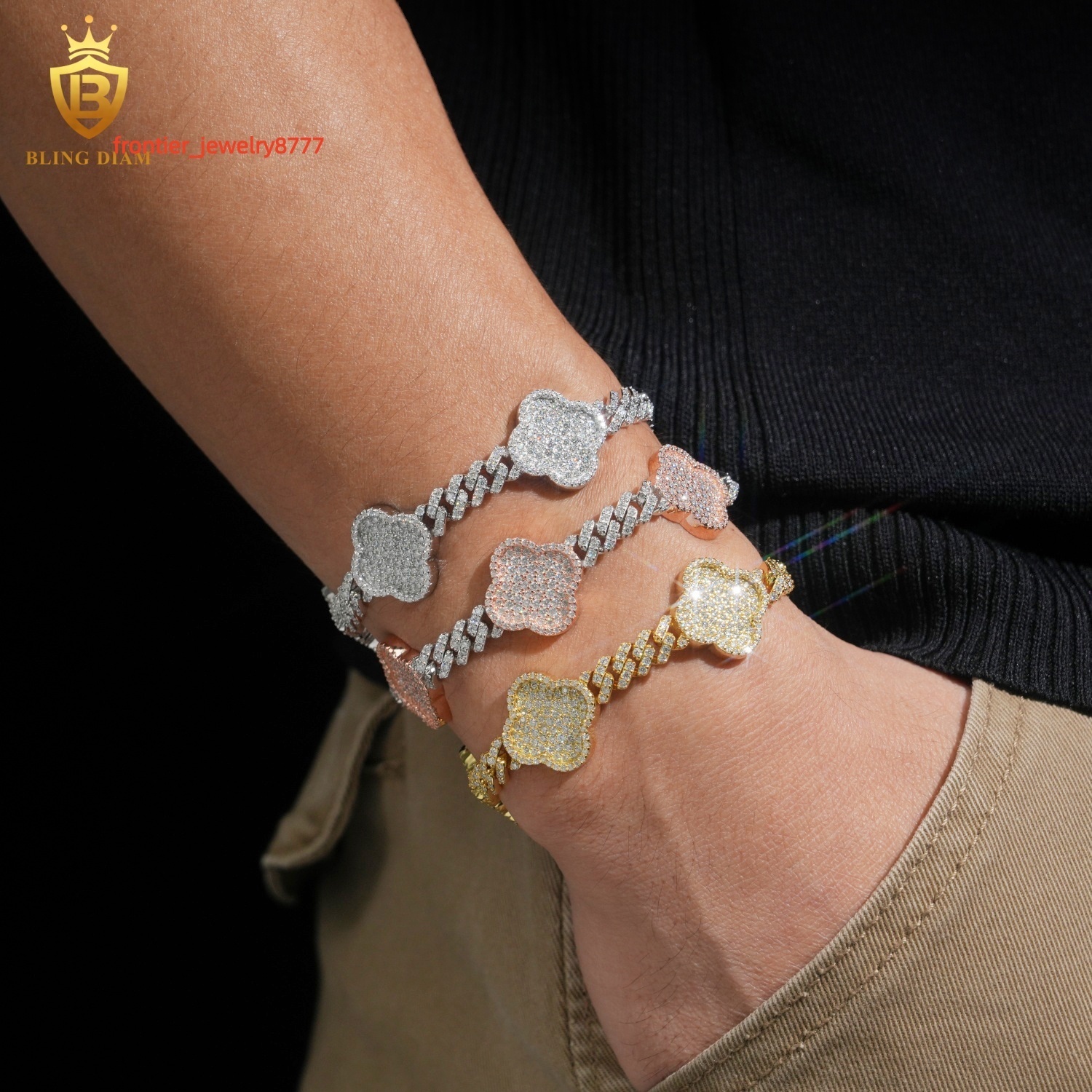 Luxury Charms Bangle Jewelry 6mm 925 Sterling Silver in Rose Gold Vvs Moissanite FourLeaf Clover Bracelets for Men Women