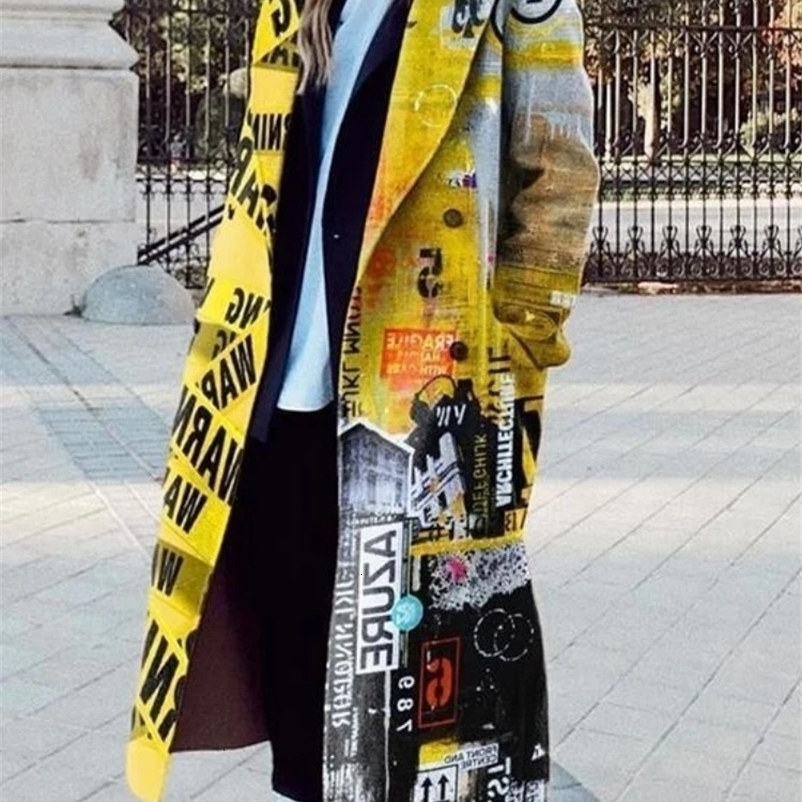 Spring/Autumn Collar Wool Blended Coat Loose Medium to Long Cartoon Character Printed Casual Coat Fashion Womens Wear LHX3548 241019