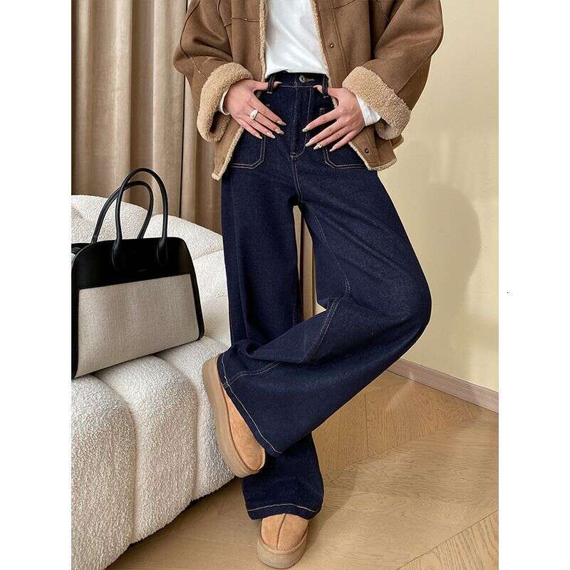 Women's Clothing Retro Style Bright Line Double Pocket Design Ing Straight Wide Leg Jeans