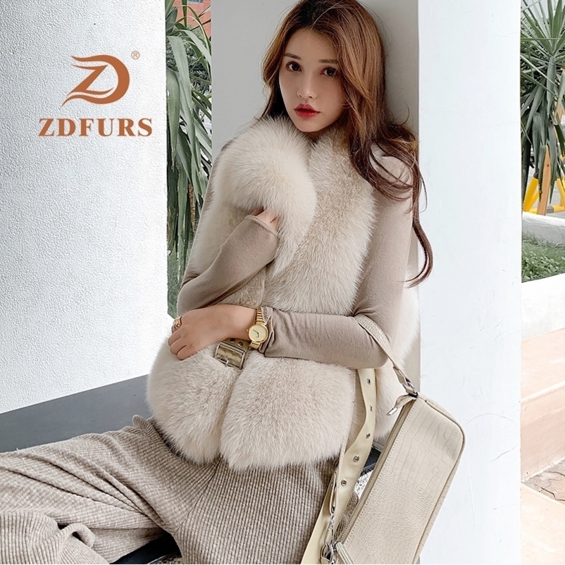 ZDFURS*New Arrival Natural Fur Waistcoat Plus Size Contrast Color Fashion Irregular Full Pelt Fox Fur Vest Woman 201112