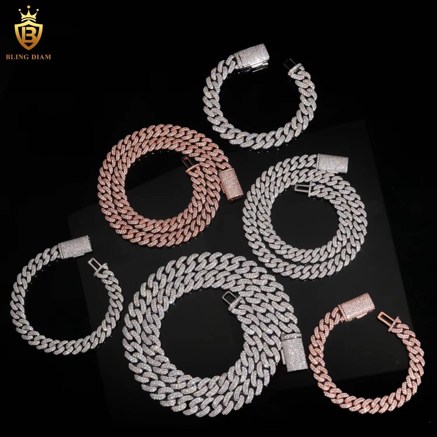 Wholesale Price Solid Silver 925 Rose Gold Cuban 10mm 12mm 13mm Iced Out VVS Moissanite Cuban Chain Necklace