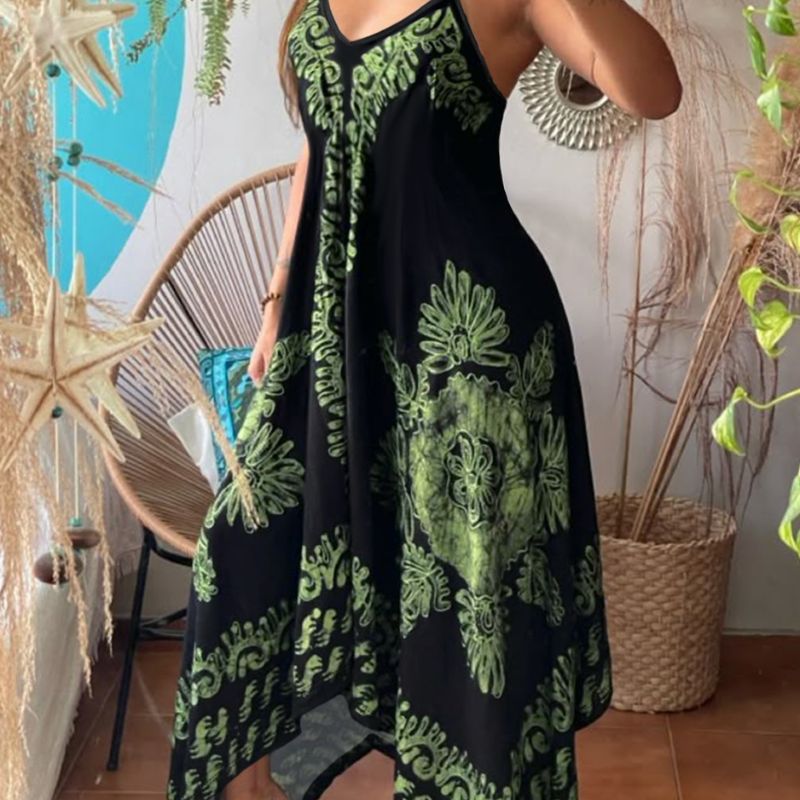 Casual Flowy Spaghetti Strap Maxi Dress with Unique Ethno-Chic Prints Ideal For Everyday Outfits During Summers-CF52551