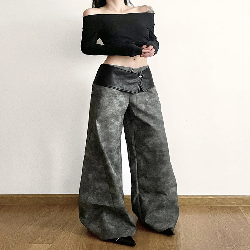 Fashion trend highend PU leather highwaisted wideleg pants womens personality cool Sa thin loose casual trousers 241019