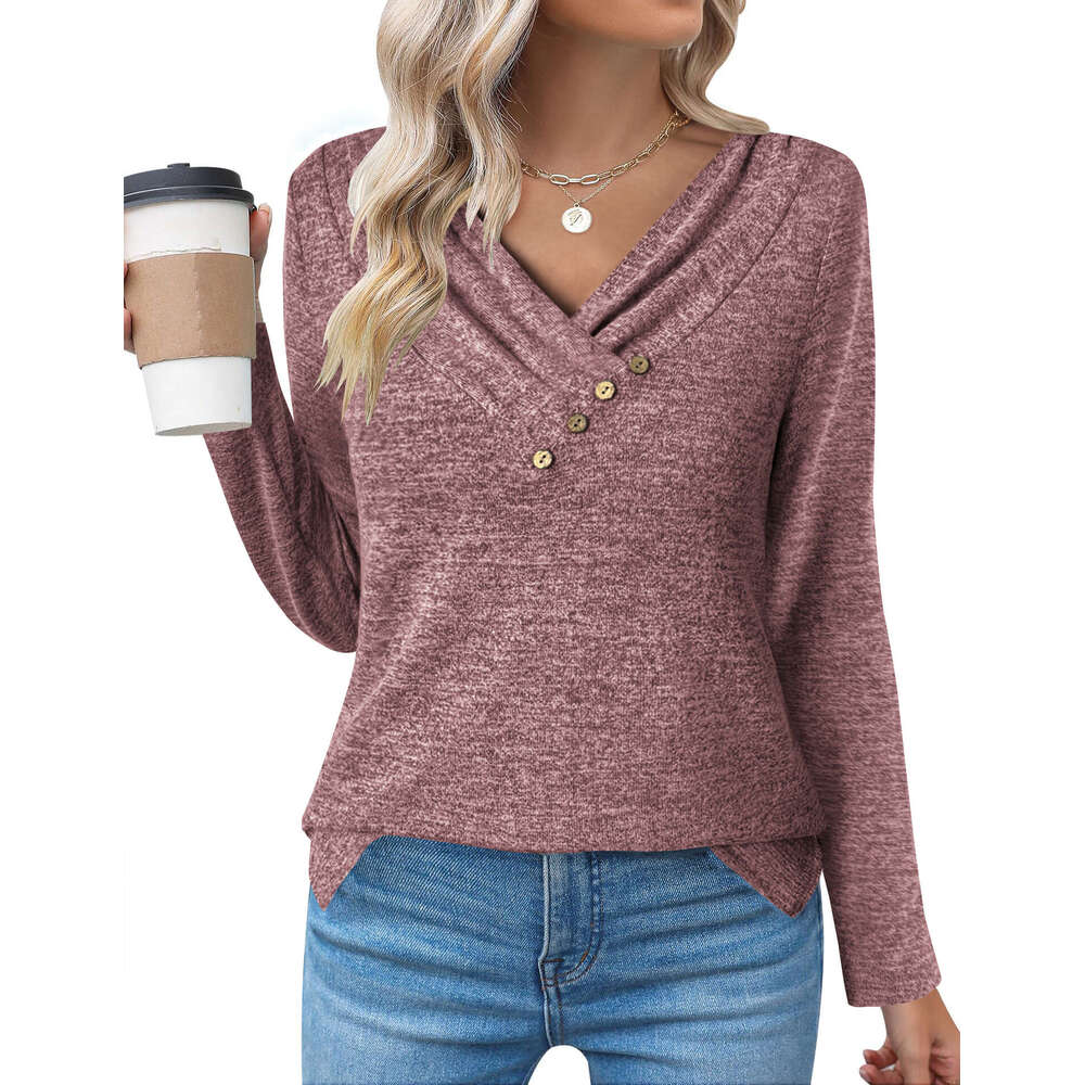 Autumn Winter T-shirt Brushed French Velvet Long Sleeve V-neck Button Tops Women's Clothing