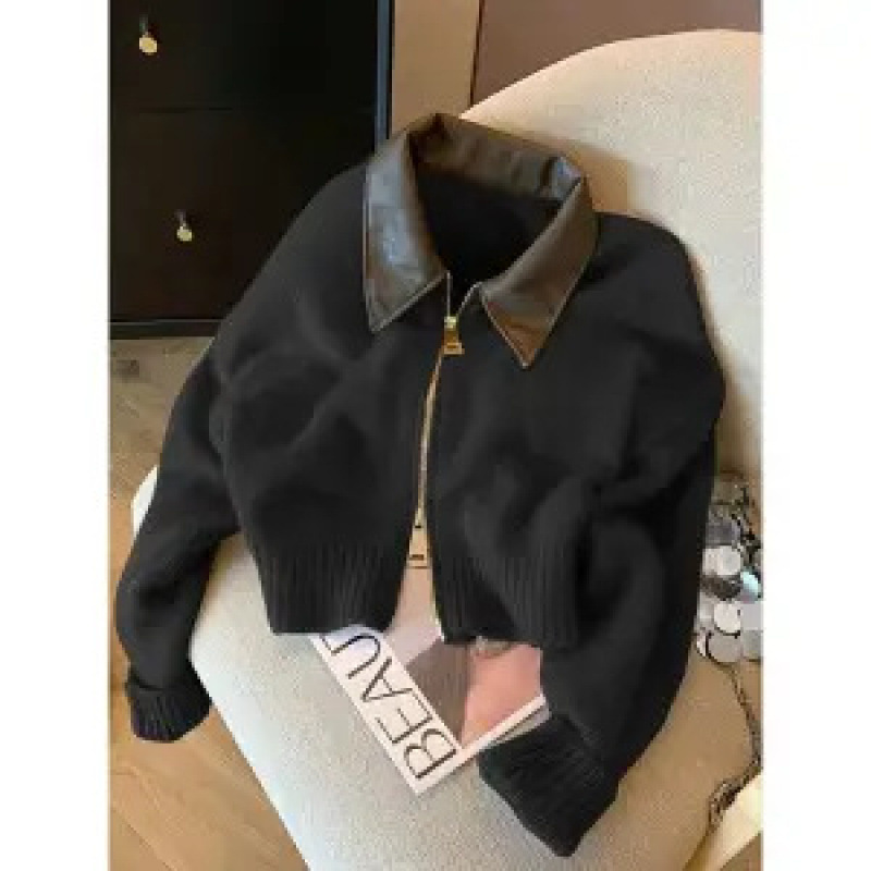Spliced Leather Collar Knit Sweater Fashion Double Zipper Cardigan Womens Autumn Winter Soft Vintage Long Sleeve Streetwear