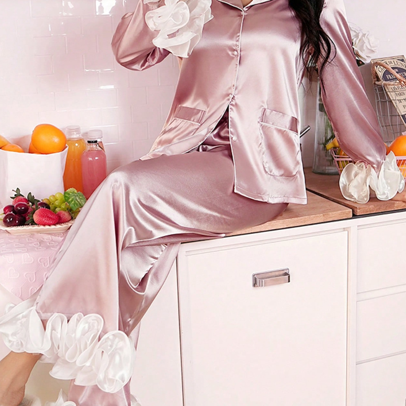 New Women's Spring/Fall Silk Satin Lace Cuff Long-Sleeve Pajama Set with Long Pants for Homewear