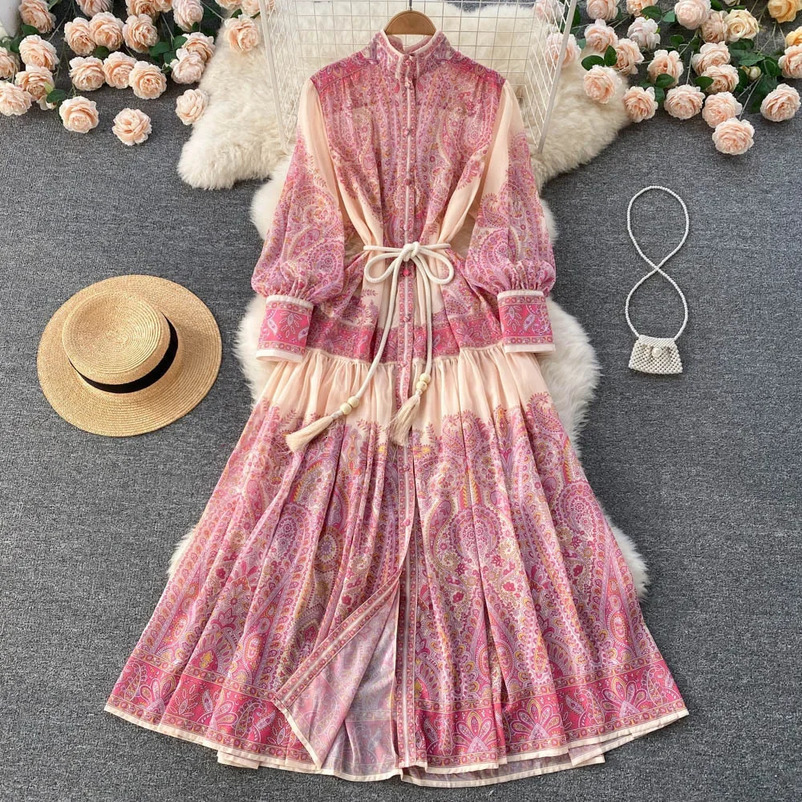 Early Spring Sensibility Niche Stand Collar Lantern Sleeve Printing Dress Loose Fit Slimming Elegant Long 240715