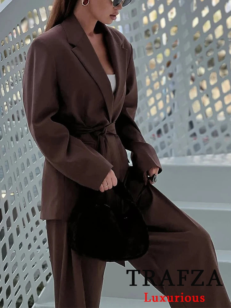 TRAFZA Office Lady Casual Chic Solid Women Suit Single Button Sashes Loose Blazer Zipper Pants Fashion Spring Summer Sets 250807