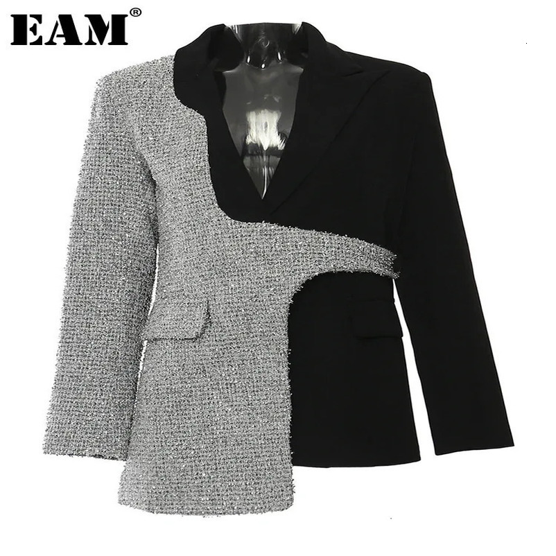 EAM Women Black Irregular Colorblock Elegant Blazer Lapel Long Sleeve Jacket Fashion Spring Autumn 1DH7642 250106