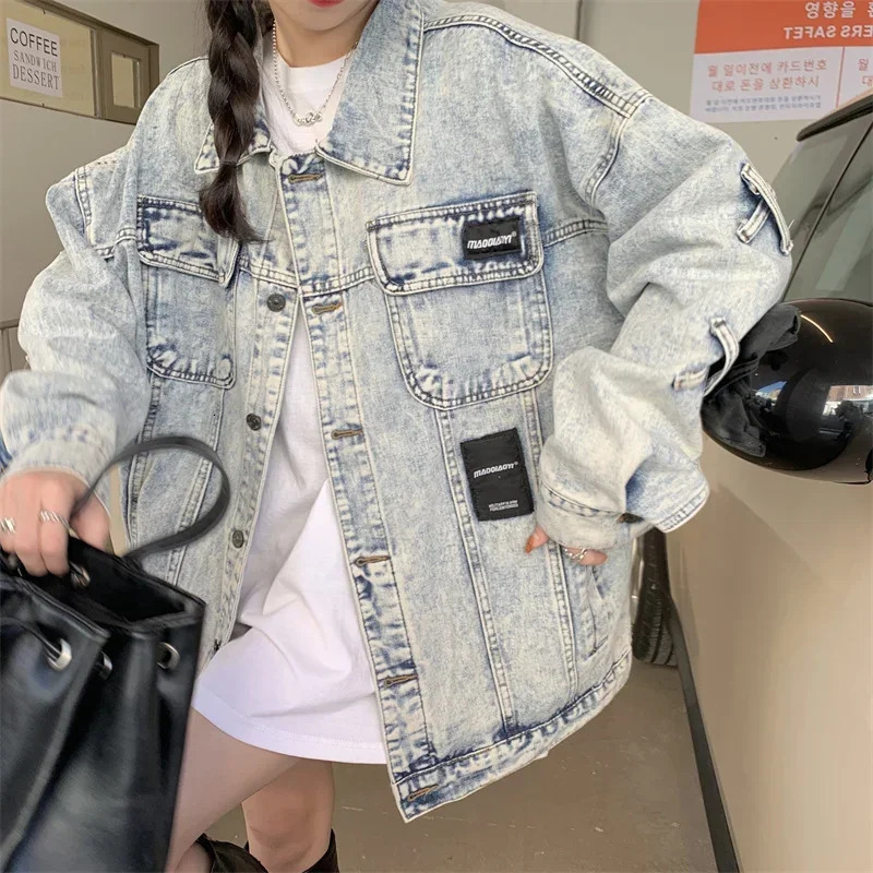 2025 Vintage Distressed Denim Jackets Women Korean Style Loose Jean Jacket Fashion Long Sleeve Oversized Coats Woman 250811A