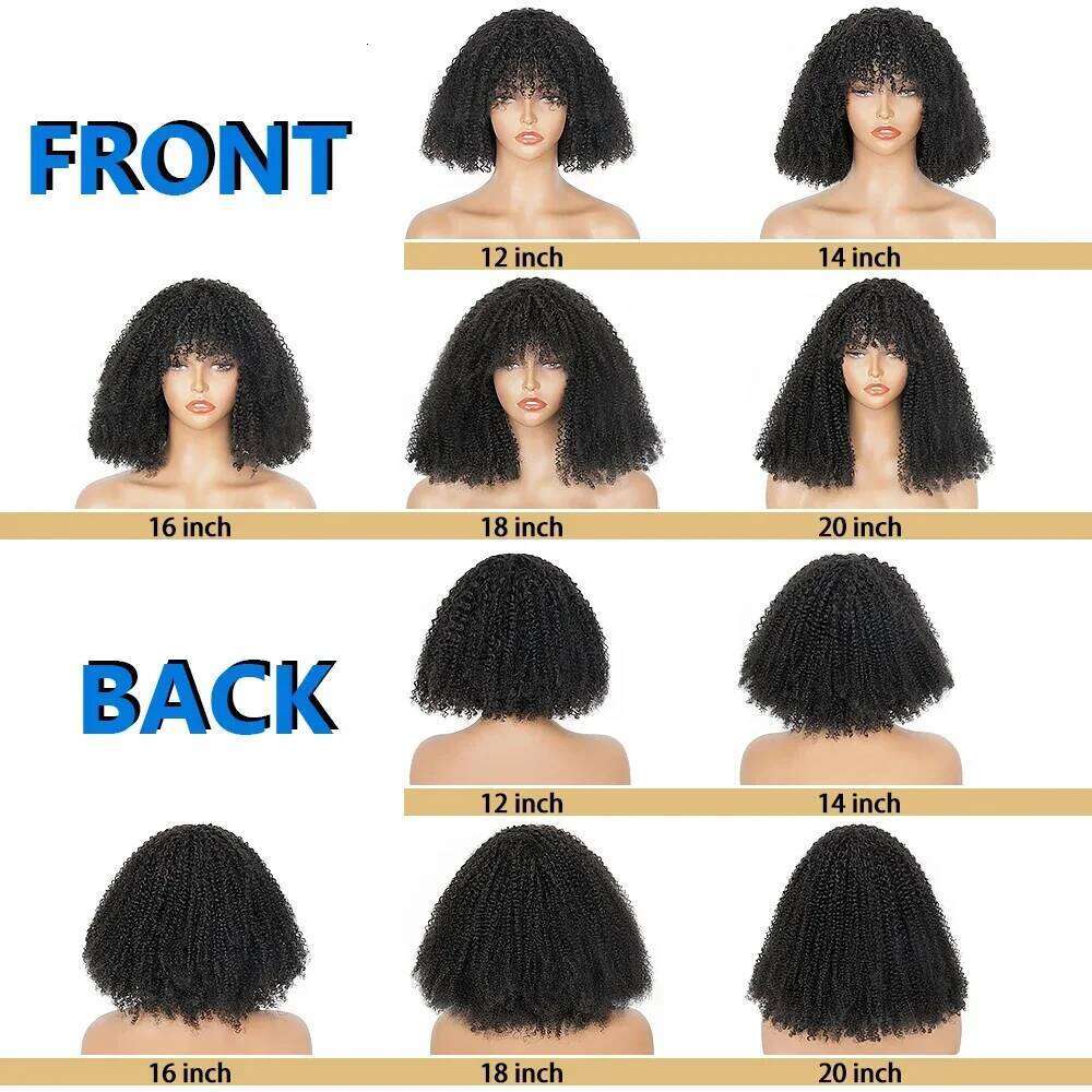 Kinky With Bangs 200% Density Brazilian Remy Human Hair Full Hine Made Short Afro Curly Wigs For Women Xiusiyuan2509