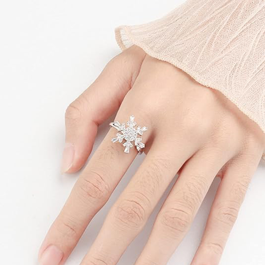 Fidget Anxiety Rings Rotatable Stress Relief Bead Ring Size Adjustable Open Design Ring Spinner Inlaid Cubic Zirconia Snowflake Shape Ring Jewelry for