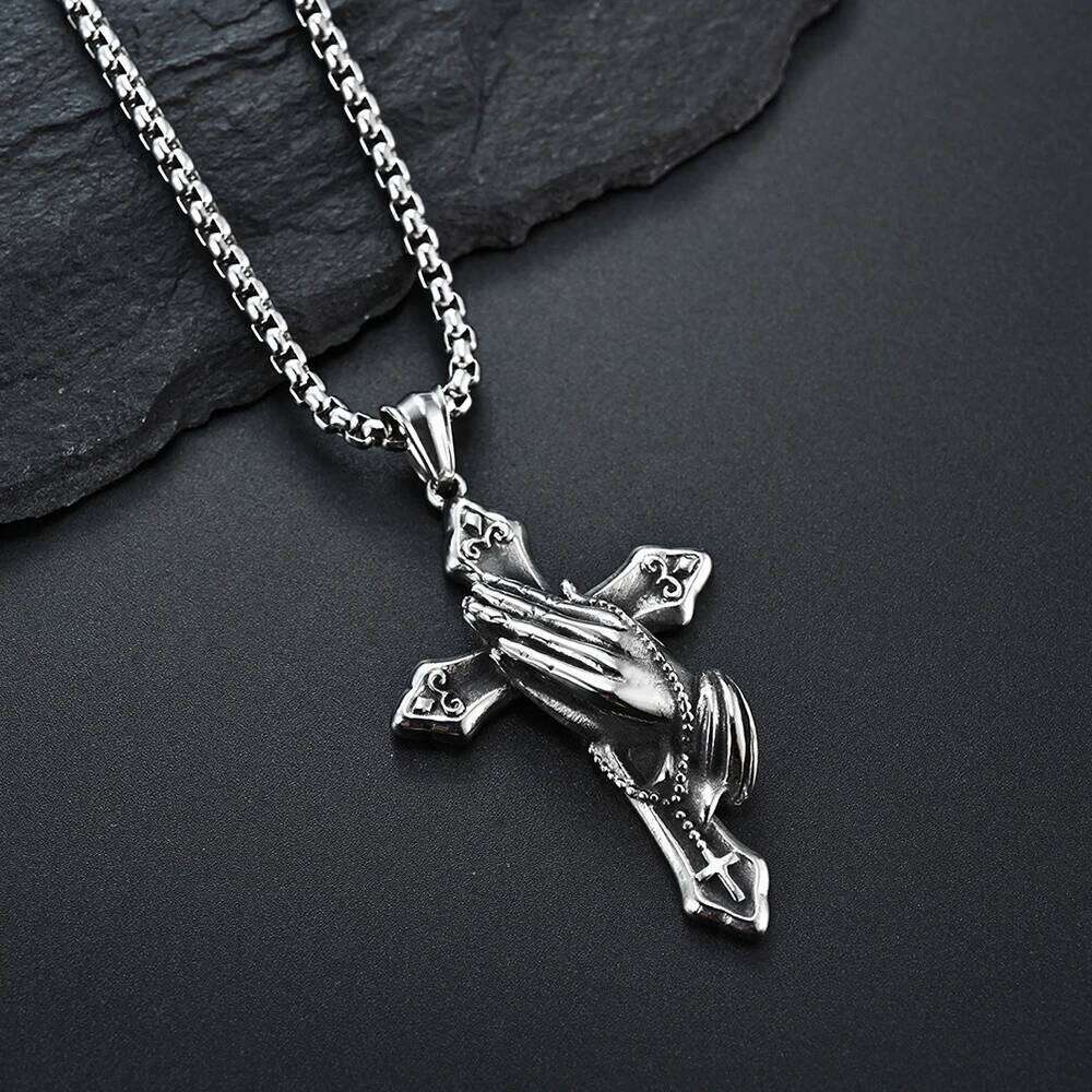 Vintage Praying Hands Cross Pendant Necklace hip-hop Stainless Steel Chain Neck Accessories Hip Hop Rock Jewelry 2025 Gifts