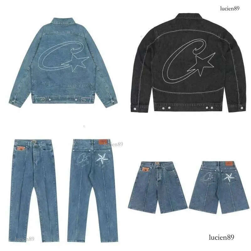 Strtwear Vintage Leather Jacket Jeans Two Piece Y2K Suit Hip Hop Letter Patchwork Embroidery Washed Blue Oversized Zipper Coat X250725