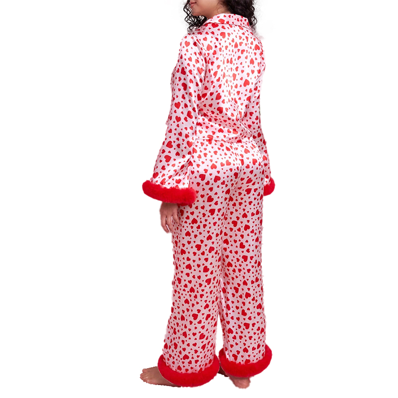 New Women's Spring/Fall Silk Satin Heart Print Fuzzy Cuff Long Sleeve Pajama Set for Homewear