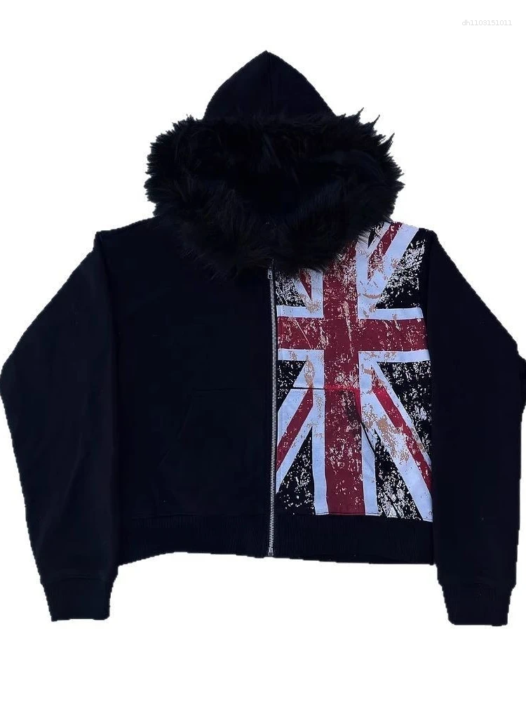 Men's Hoodies Women Aesthetic Fur Patchwork Grunge Printing Zippers Casual Hoody Harajuku Vintage Loose Pocket Sweatshirts Tops