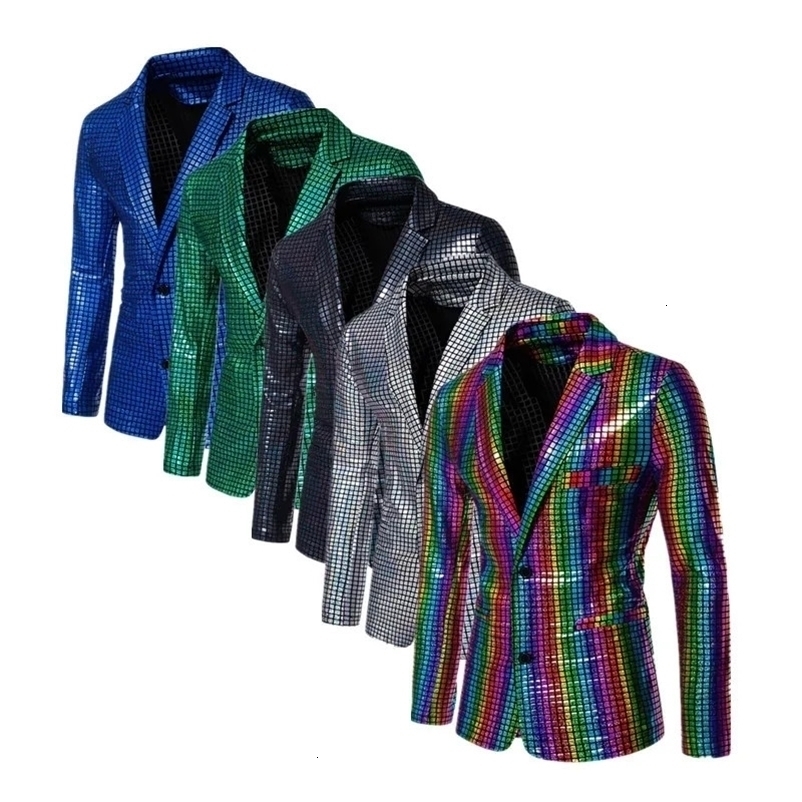 Fashion Trend Men Rainbow Plaid Suit Jacket Gold Silver Mens Dance Party Casual Thin Loose Blazer Coats 240626