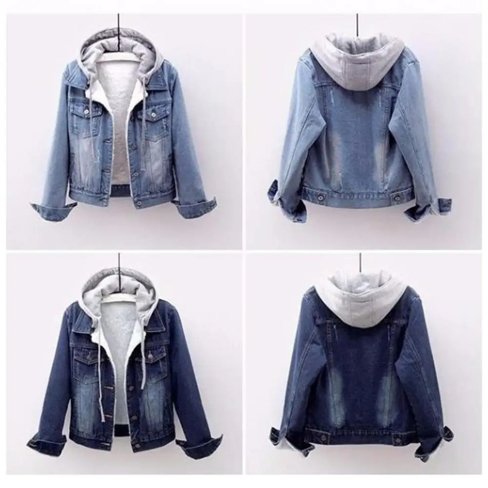 Winter Jacket Detachable Hat Flap Pockets Thermal Plus Size Denim Winter Jacket Lady Coat for School 250811A