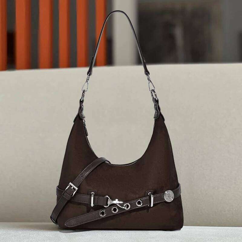 Vintage Faux Suede Hobos Bags For Women Designer Handbag And Purses 2025 New In PU Sequined Belt Buckle Underarm Shoulder