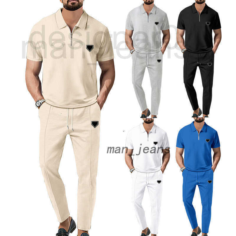 Men's Tracksuits designer Luxury Designer Autumn New Solid Color Set Waffle Polo Neck Short Sleeve Zipper Pants For Men STEX 5XUU
