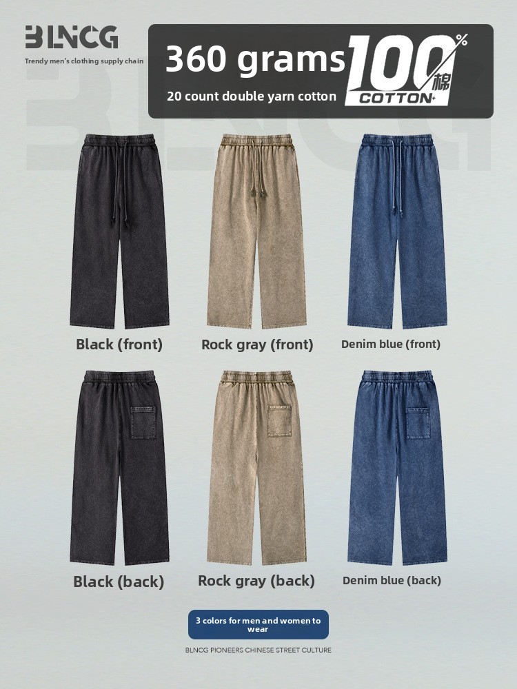 BLNCG Oversized Washed Straight Trousers: Men's Paris Hue, Vintage Snow Wash, Heavy Sweatpants, Street Style-WKL-09