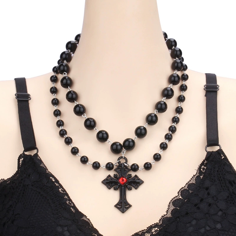 Hip-Hop Inspired Black Cross Earrings with Fake Pearls