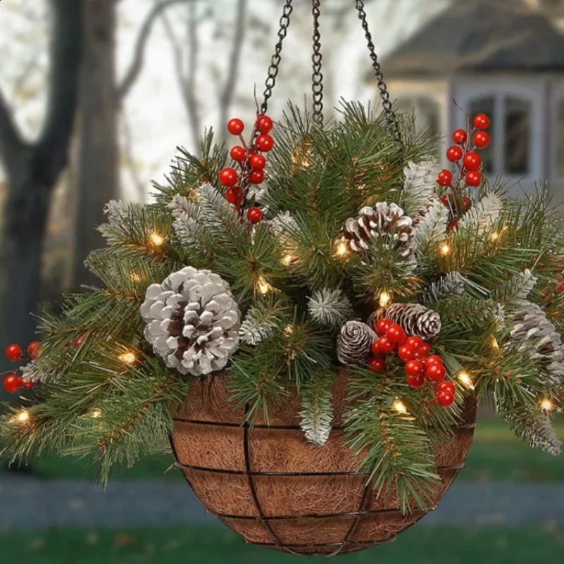 Christmas Wreath Artificial Hanging Flower Basket Garland with LED Light Red Berries Pine Cone Home Decoration Navidad Xmas Gift 240815