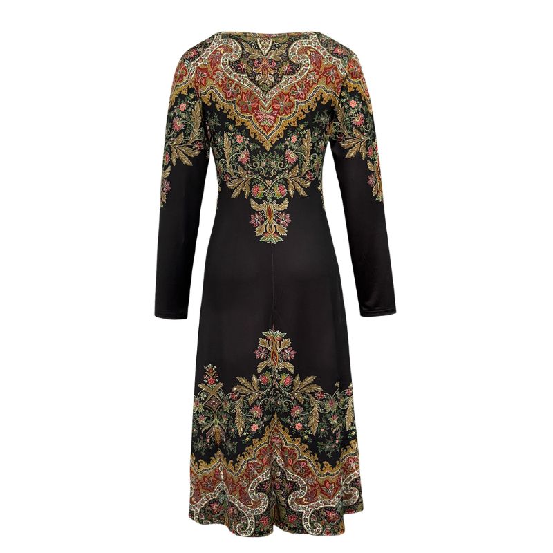 Women's Long Sleeve V-Neck Vintage Paisley Print Midi Dress - Autumn Winter Elegant Office Commute Style-CF40381