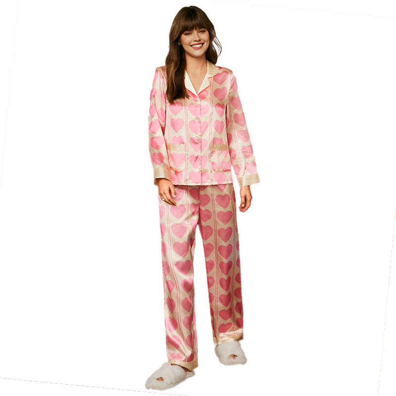 2025 New Women's Spring/Fall Silk Satin Heart Print Long-Sleeve Pajama Set with Pants for Homewear