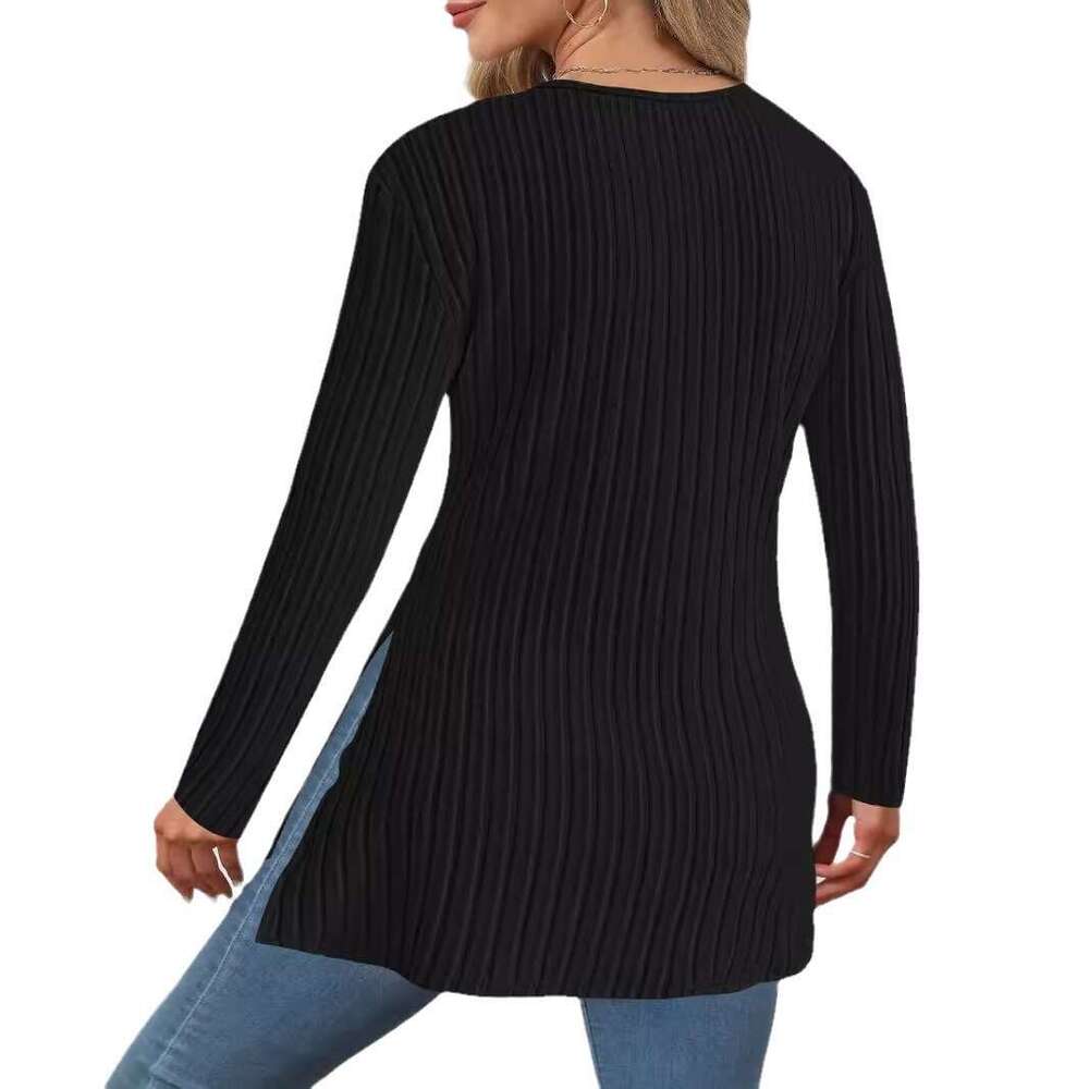 Women's Clothing Autumn Winter New Long Sleeve Solid Color V-Neck Casual Home Ribbed Top