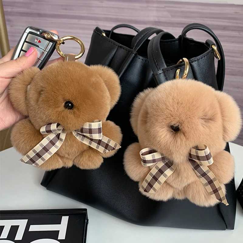 Cute Little Brown Bear Real Rex Rabbit Fur Keychain Ladies Car Bag Pendant Fashion Accessories Fluffy Key Ring Girl BagXJ250928