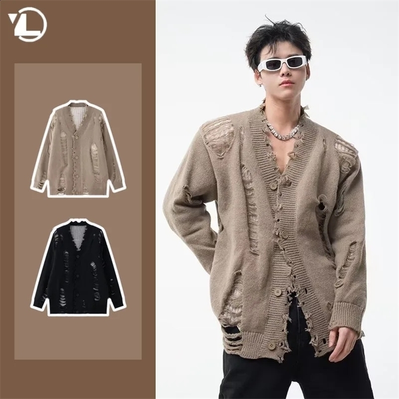 Y2K mens cardigan sweater Japanese Harajuku hole single chest sweater jacket fashionable V-neck streetwear couple high street knitted jacket 240924